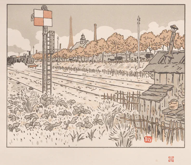 Thirty-Six Views of the Eiffel Tower: From the Quai de Javel (Switchman's Shanty): color lithograph by Henri Rivière, 1902.