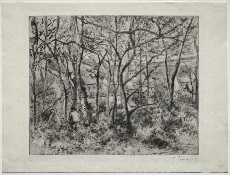 Wooded Landscape at L'Hermitage, Pontoise: softground, aquatint, and drypoint by Camille Pissarro, 1879.