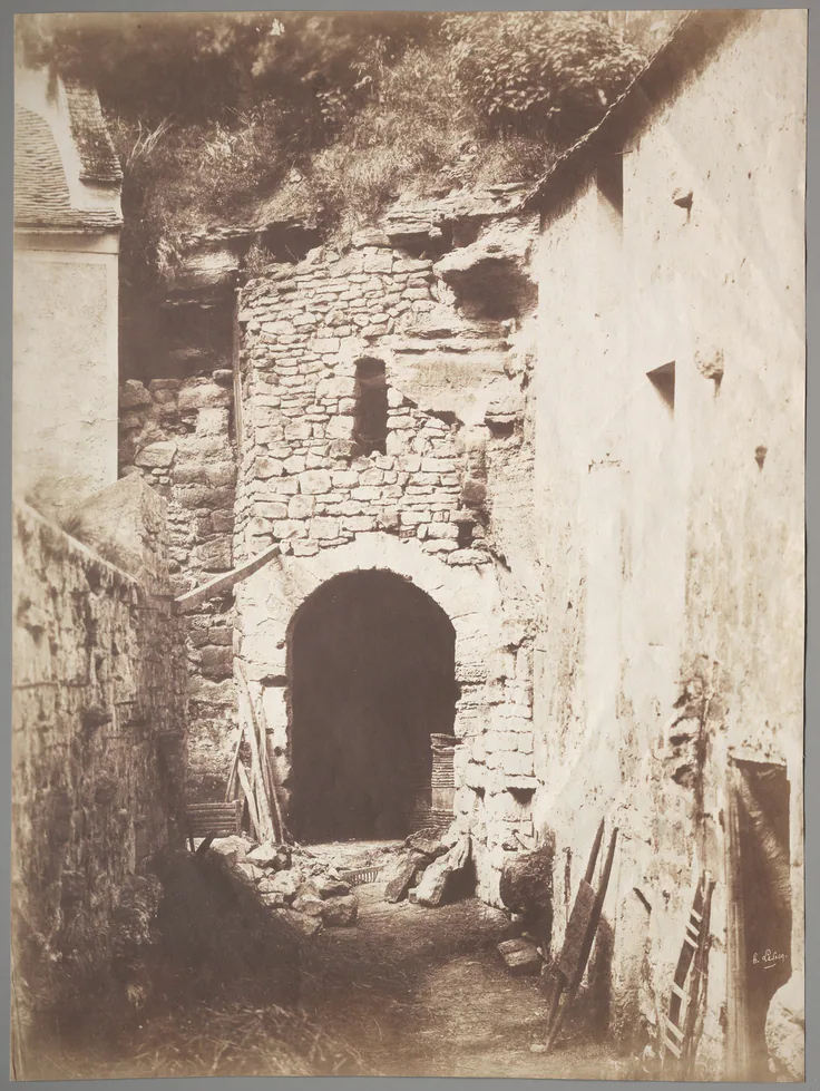 Behind the Troglodyte Farm: salted paper print from waxed paper negative by Henri Le Secq, c. 1853.