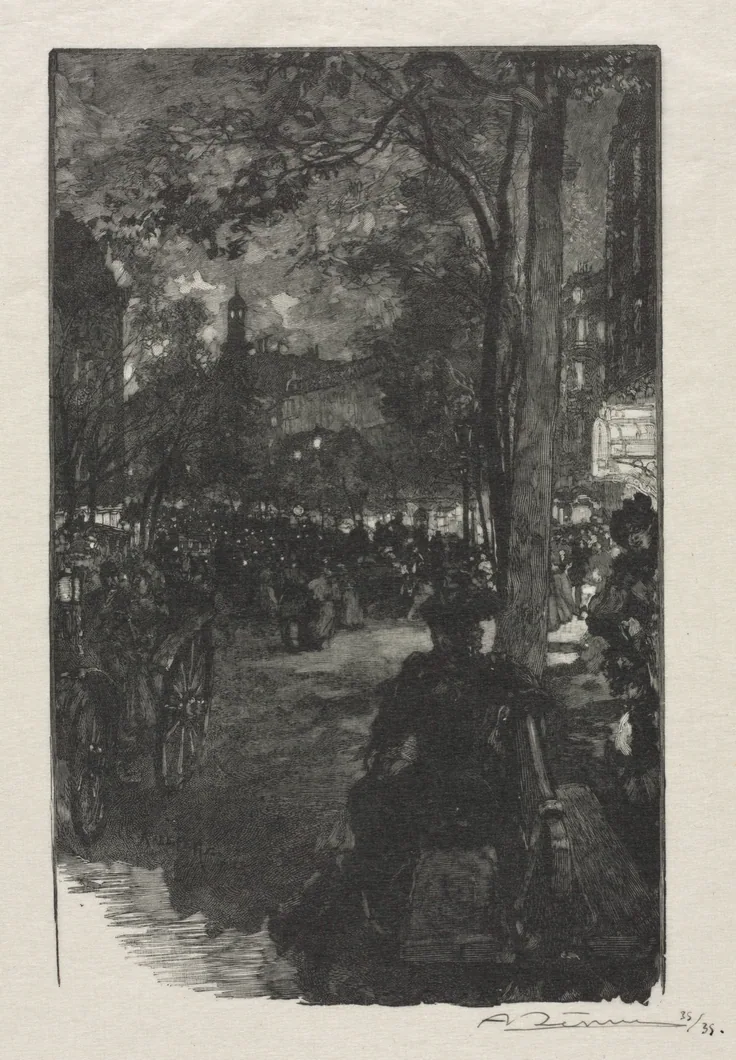 Gaslit crowds stroll under dark trees on a Paris boulevard at night, a figure on a bench in the foreground.