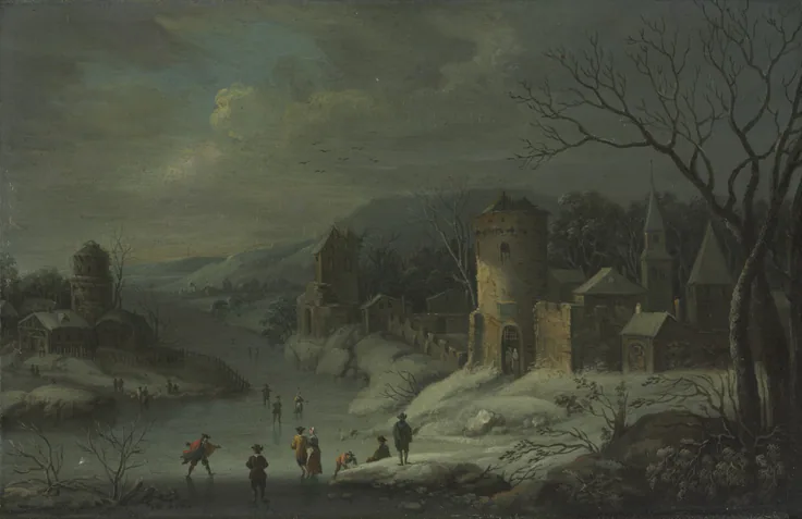Skaters on a frozen river below a walled town and bare trees at dusk; cold blue-green light and snow on the rooftops.