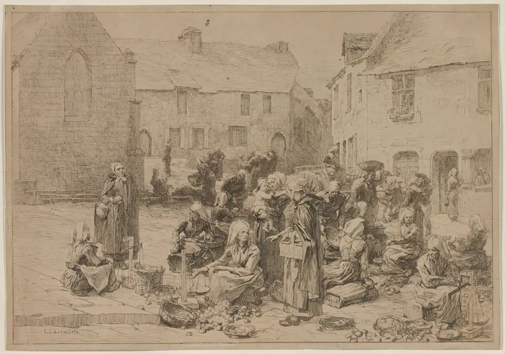 The Apple Market at Landerneau: pen and brown ink over tracing in red chalk by Léon Augustin Lhermitte, 1878.