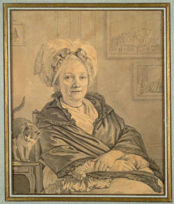 An older woman in a lace cap and shawl sits with folded hands, a grey cat on the chair beside her; framed by a gilt mount.