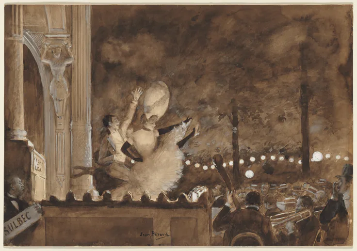 Cabaret dancers in white kick high on an outdoor stage lit by globe lamps, musicians below; brown ink wash with white highlights.