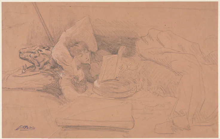 Sarah Bernhardt Reclining on a Divan, Reading: graphite with lead white heightening by Georges-Jules-Victor Clairin, c. 1885–1890.