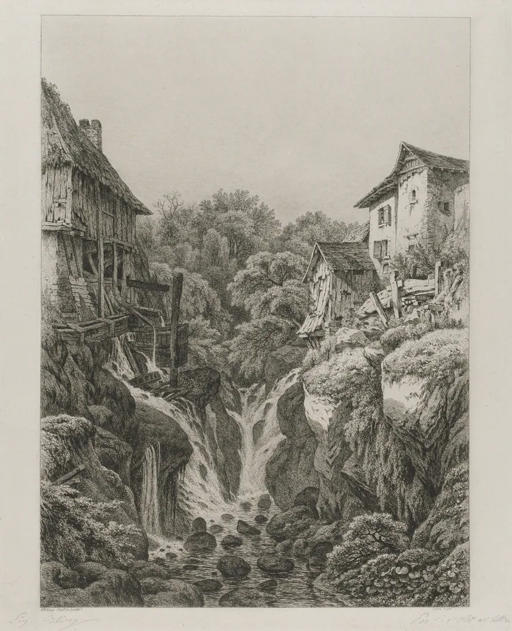 The Mill and Waterfall of Grésy near Aix-les-Bains: etching on chine collé by Eugene Bléry, 1856.