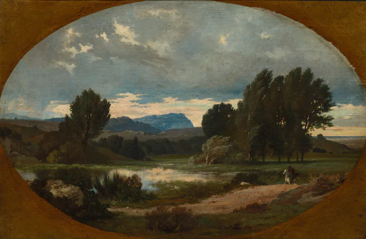 Landscape with Rider on White Horse: oil on canvas by Jean Achille Benouville, 1846.