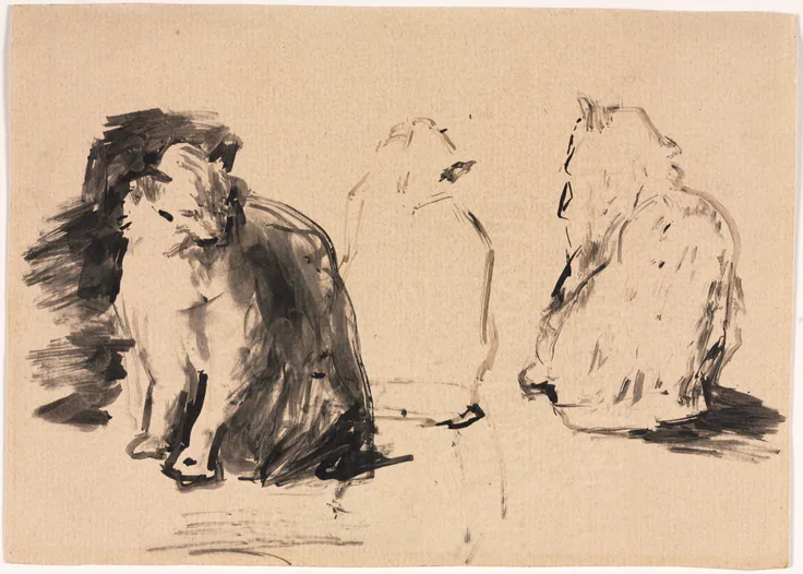 Three seated cats in bold black ink, one solid and two left as outlines, on warm pinkish paper.