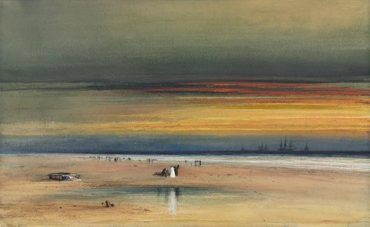 Beach Scene at Sunset: watercolor and gouache by James Hamilton, c. 1865–1870.