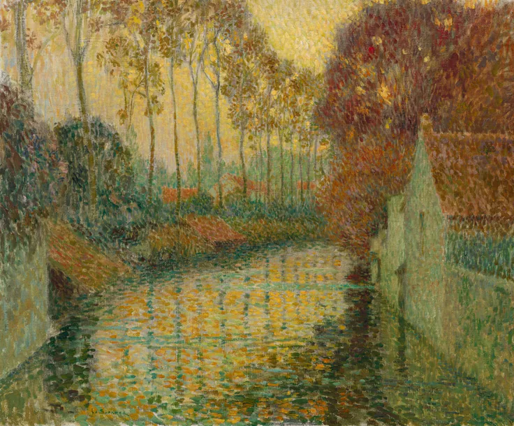A shimmering canal lined with yellowing poplars and a pale wall; reflections broken into dabs of gold, green and rose.