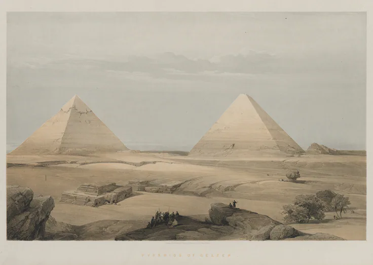 Egypt and Nubia, Volume II: Pyramids of Geezeh: color lithograph by Louis Haghe, 1848.