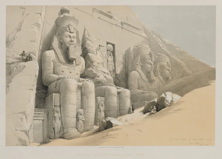 Egypt and Nubia, Volume I: The Great Temple of Aboo-Simble, Nubia: color lithograph by Louis Haghe, 1846.