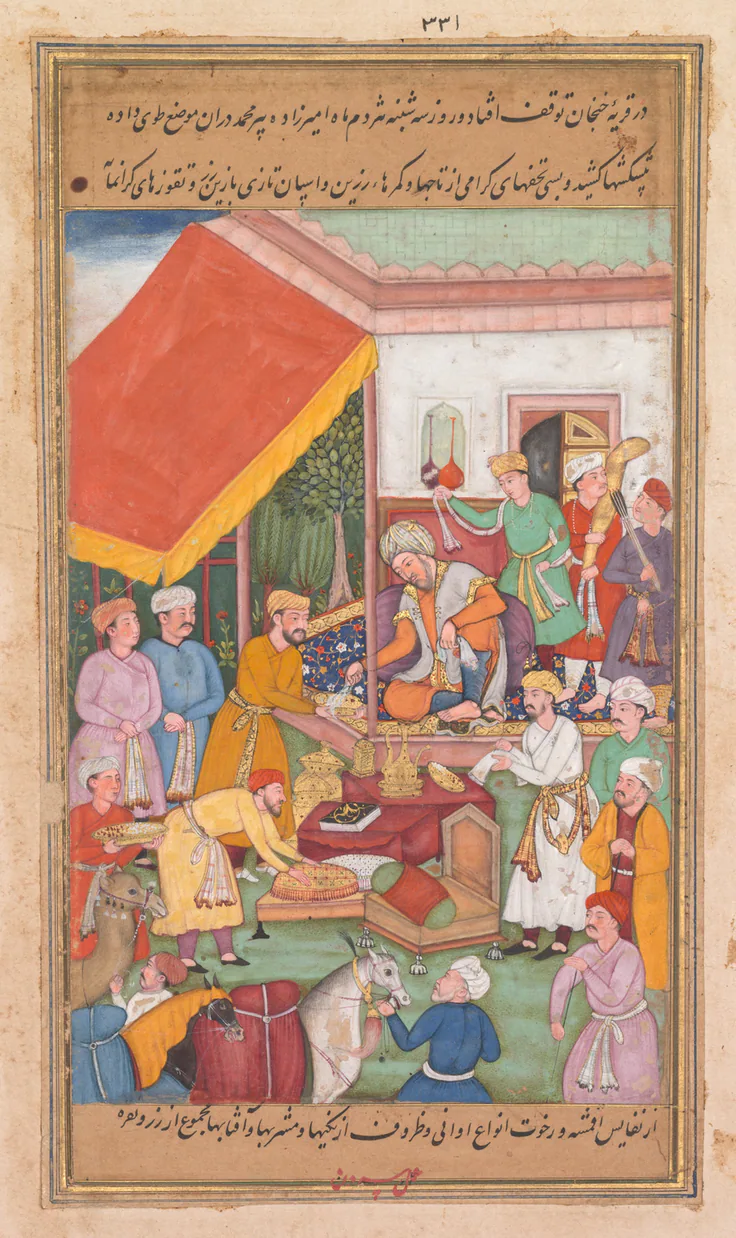 Timur distributes gifts from his grandson, the Prince of Multan, from a Zafar-nama (Book of Victories): gum tempera, ink, and gold on paper by Shravana, 1598–1600.