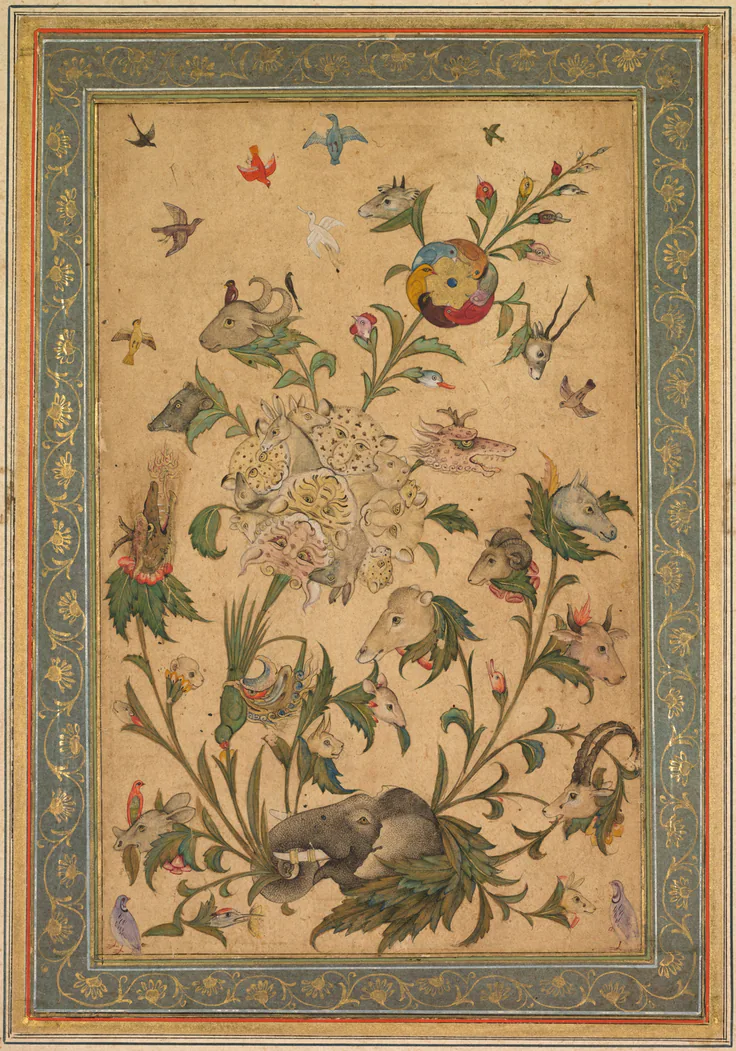 A floral fantasy of animals and birds (Waq-waq): gum tempera and gold on paper, early 1600s.