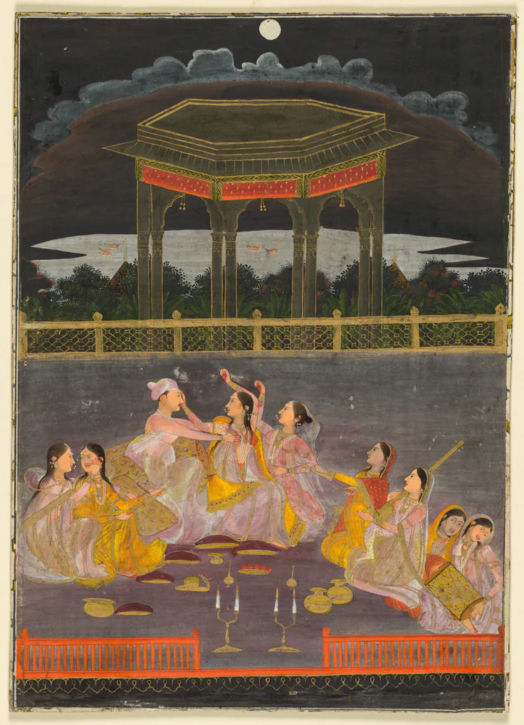 A prince celebrating Holi with palace women on a terrace at night (recto): gum tempera and gold on paper, c. 1760.