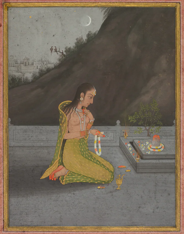 A Night Scene of Shiva Puja (recto): gum tempera and gold on paper by Muhammad Rizavi Hindi, c. 1760–70.