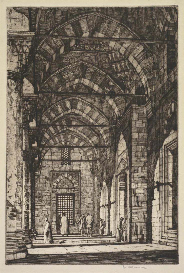 Mosque of Sultan Bayazid, Constantinople: etching by Louis Conrad Rosenberg, 1927.