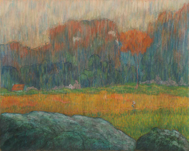Landscape with Figure and Houses: pastel on brown wove paper by Claude-Emile Schuffenecker, c. 1891.