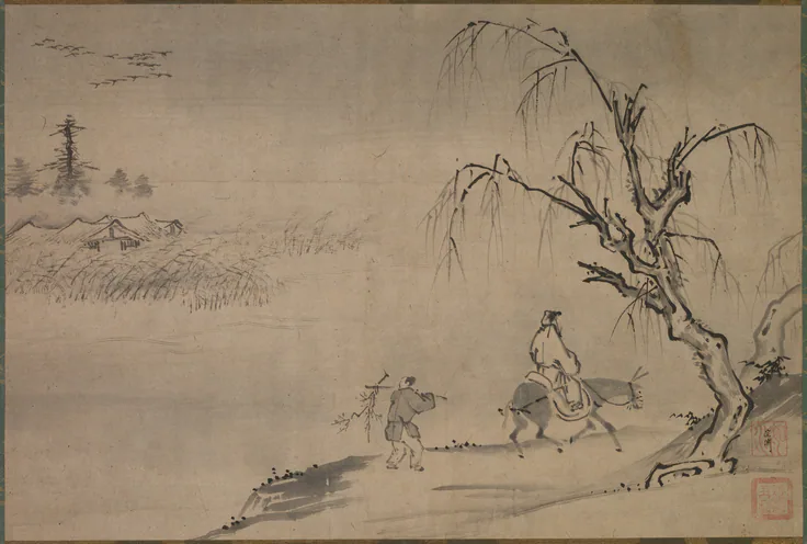 Chinese Literatus in an Autumn Landscape: hanging scroll; ink on paper by Josui Sōen, late 1400s.
