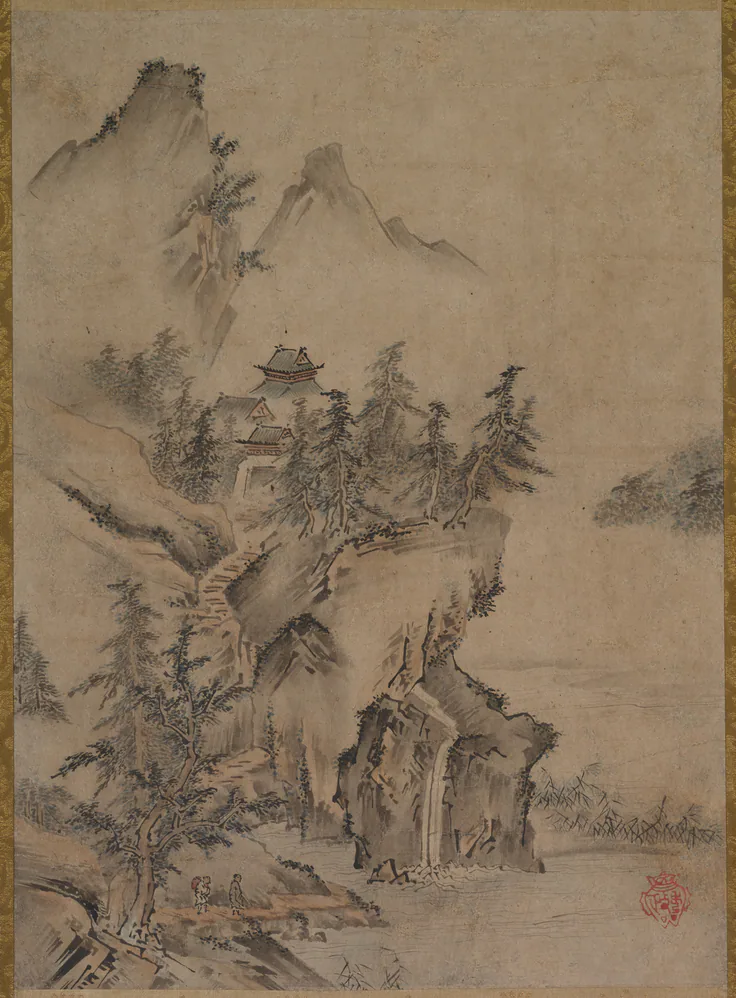Chinese Literatus Traveling to a Mountain Temple: hanging scroll; ink and light color on paper by Kano Hidemasa, late 1500s.