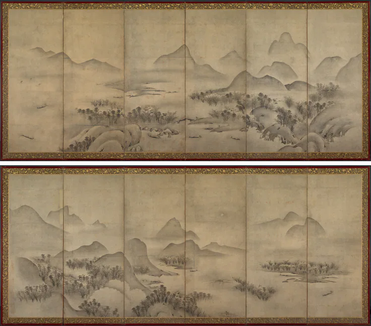 Moonlit Landscape: pair of six-panel folding screens, ink on paper, late 1500s.