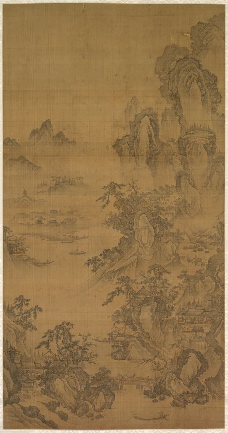 Mountain Market, Clear with Rising Mist: hanging scroll; ink on silk, early 1500s.