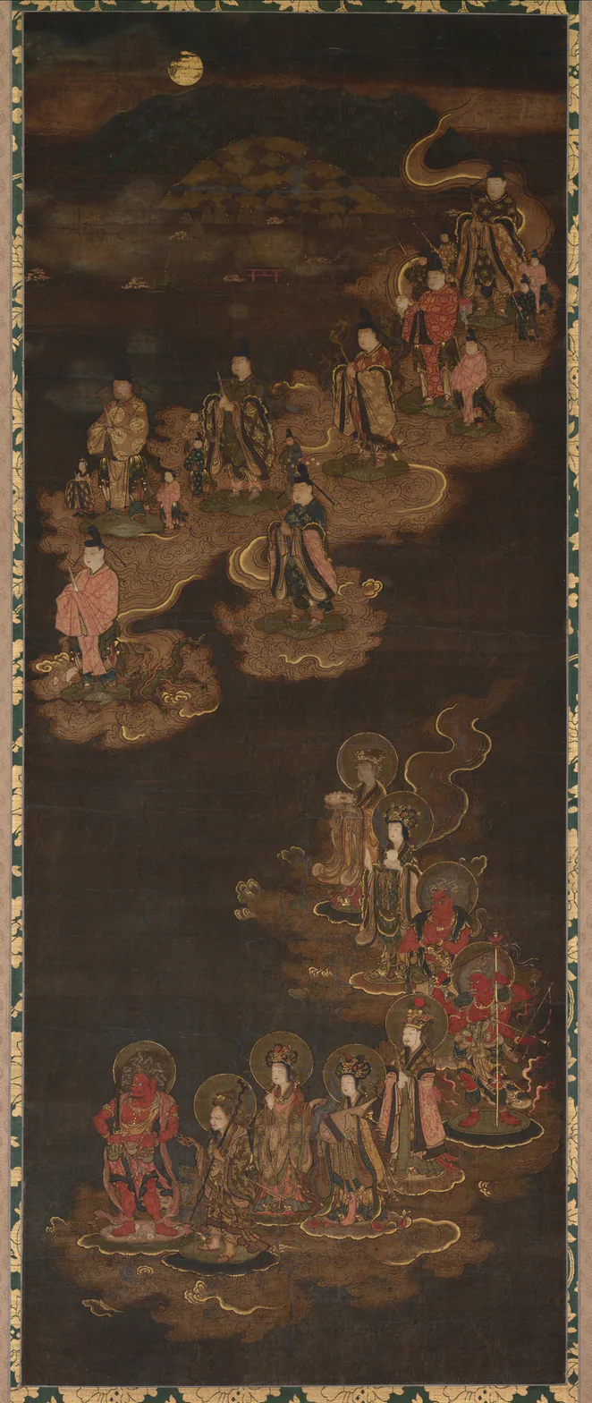 Descent of the Nine Luminaries and the Seven Stars at Kasuga: hanging scroll; ink, color, gold and cut gold on silk, mid- to late 1300s.