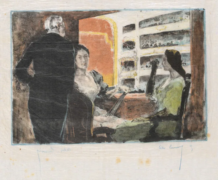 Two women in evening dress sit in an opera box with a man in black behind them, tiers of the theatre glowing orange beyond.