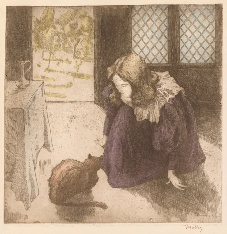 A girl in a violet dress with a lace collar bends to stroke a brown cat by a lattice window; soft hand-colored aquatint.