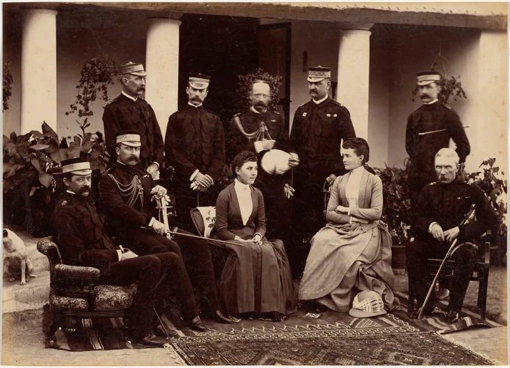 The Duke and Duchess of Connaught, with Col. Adam, Captain H.V. Benett, Col. Becher, Gen. Knowles, Captain Herbert, Col. Cavaye, Mrs. Cavaye, and Gen. R. Gellispie, Mhow: albumen print by Raja Deen Dayal, 1887.