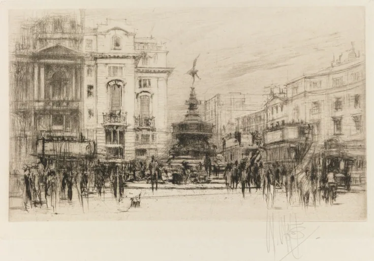 Crowds, buses and the Eros fountain bustle in front of theatre facades, drawn in fine nervous etched lines.
