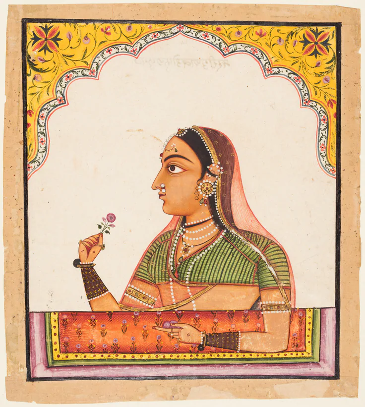 Noblewoman at a Jharokha Window Holding a Rose, from a Portraits of Women series: gum tempera and gold on paper, c. 1730.