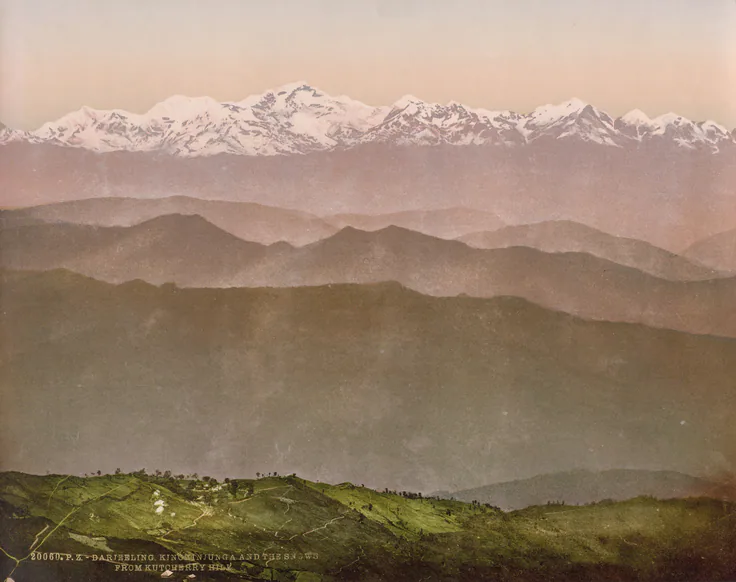Darjeeling. Kinchinjunga and the Snows from Kutcherry Hill: photochrom by Photoglob Co., 1890.