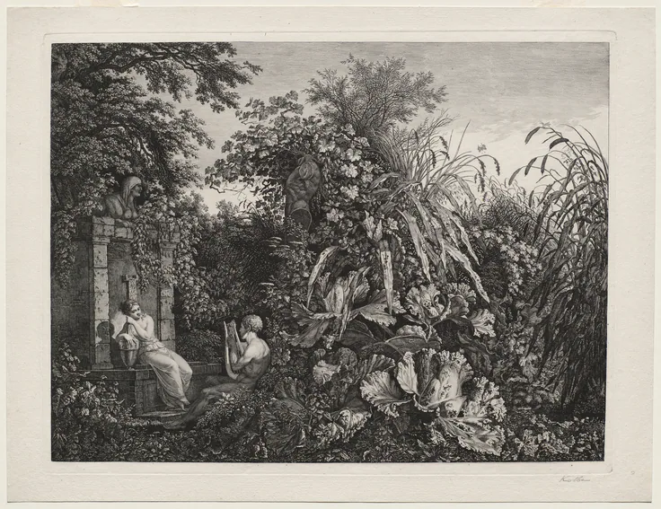 Youth Playing a Lyre to a Maiden by a Fountain: etching on heavy wove paper by Carl Wilhelm I Kolbe, 1803.