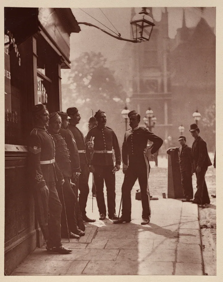 Recruiting Sergeants at Westminster: woodburytype by John Thomson, 1877.