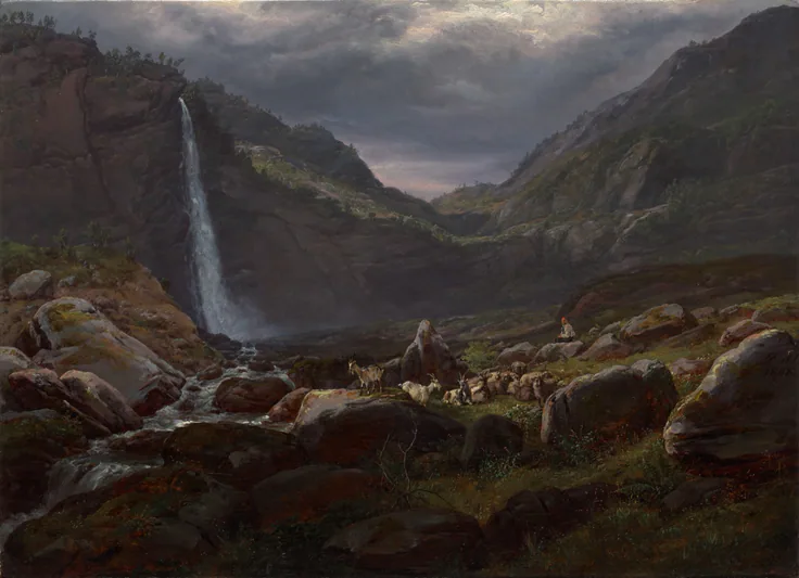 A long white waterfall drops into a boulder-strewn valley under brooding purple-grey clouds; a herder and goats among mossy rocks.