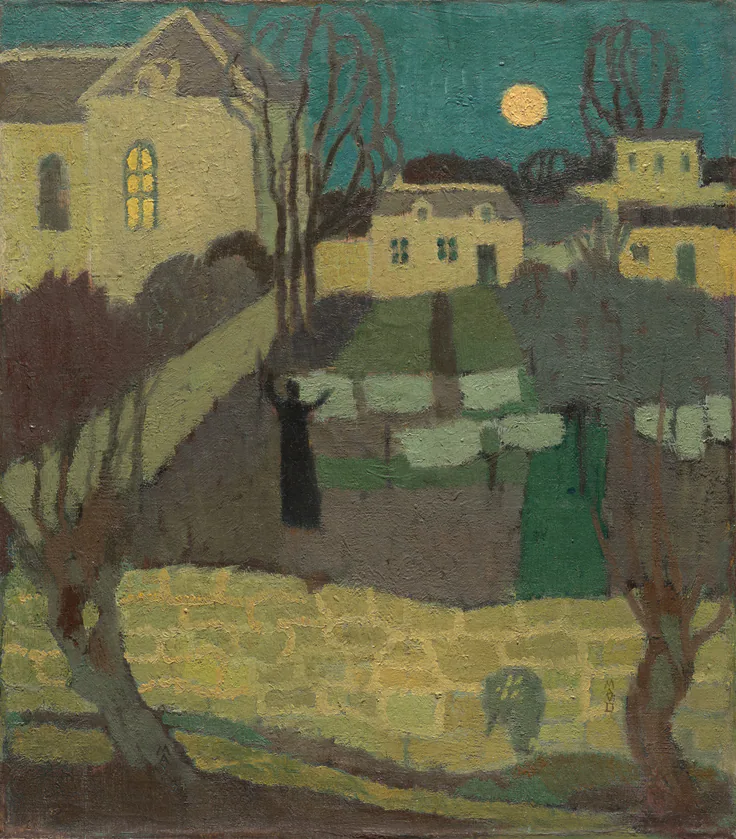 Drying the Linen, or Moonrise at the Priory: oil on canvas glued to cardboard by Maurice Denis, 1894.