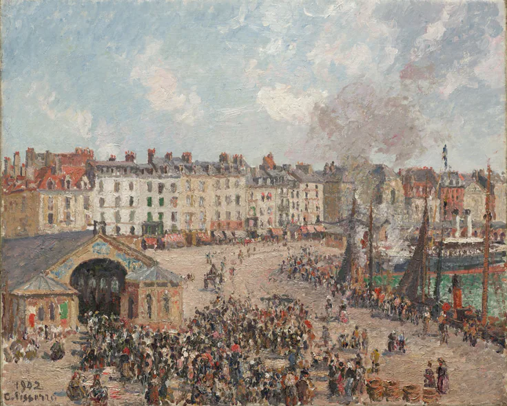 A crowded fish market on a sunny harbor quay, boats and tall buildings behind under a hazy blue sky; busy, flickering strokes.