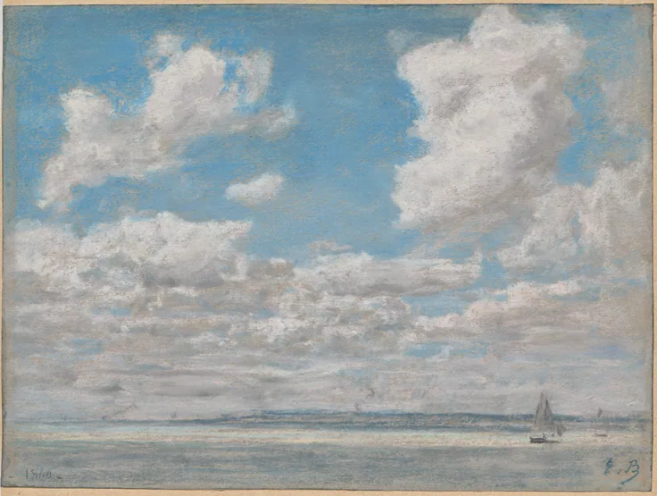 Big white cumulus clouds over a flat, pale sea, a tiny sailboat on the horizon; airy blue and cream pastel.