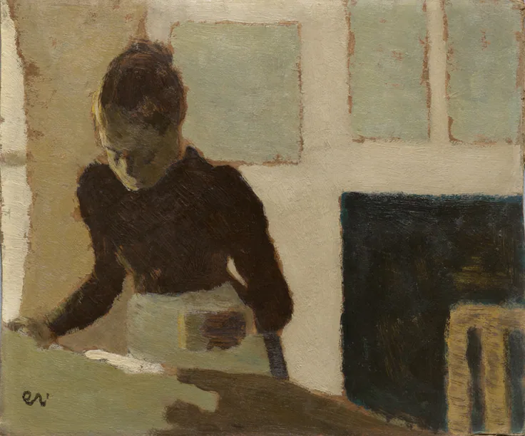 A woman in a dark dress bends over her ironing, painted in flat blocks of olive, cream and black with a window grid behind.
