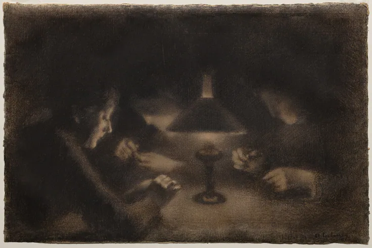 Figures gathered under a lampshade at a table, faces lit from below in a dark room; velvety charcoal shadows.