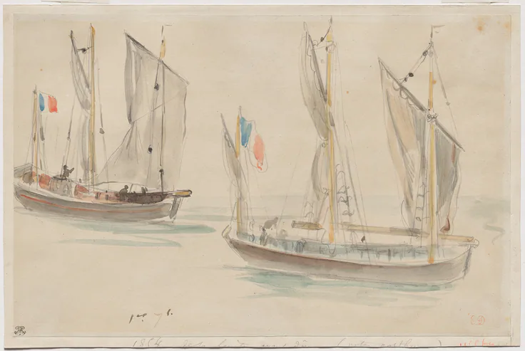 Two Boats at the Harbor of Dieppe: watercolor and pencil on paper laid down on board by Eugène Delacroix, 1854.