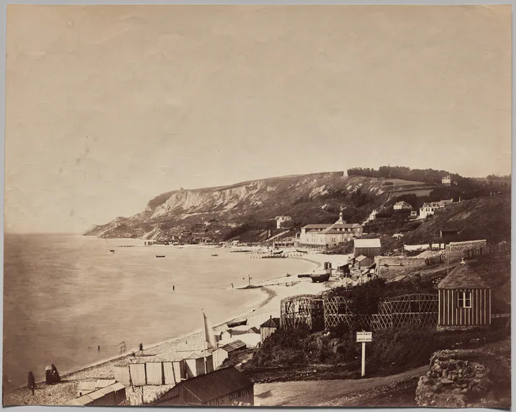 View of Ste-Adrese Beach with the Dumont Baths: albumen print from collodion negative by Gustave Le Gray, 1856.