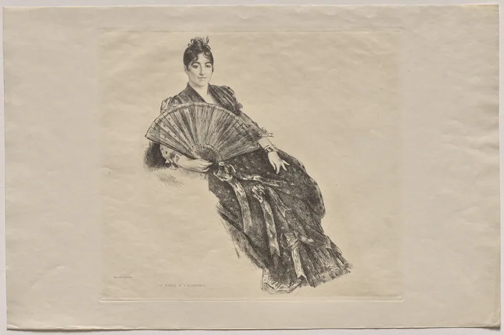 Self-Portrait in a Spanish Costume: etching on cream wove paper by Marie Bracquemond, 1880.