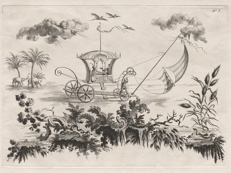 The Carriages used on the Moon and which move by sails: etching by Filippo Morghen, c. 1769.