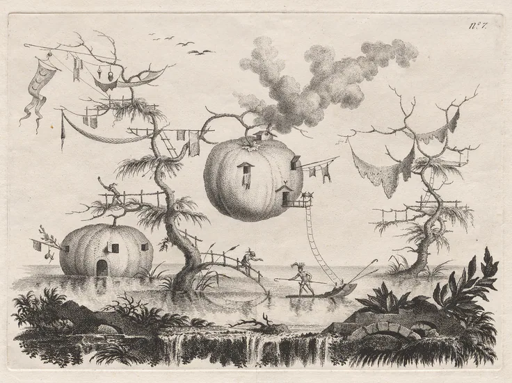 Pumpkins Used as Dwellings to Be Secure against Wild Beasts: etching by Filippo Morghen, about 1769.