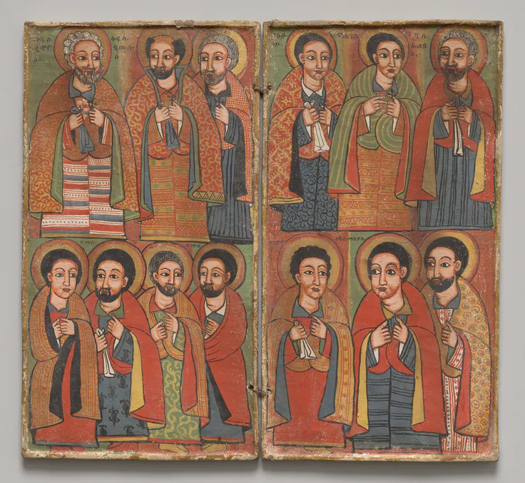 Diptych with Twelve Apostles & St. Paul: tempera, wood, textile by Workshop or Circle of Wäldä Maryam, c. 1700.