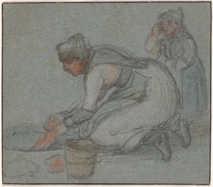 A Woman Doing Laundry in an Ice Hole (recto): drawing by Hendrick Avercamp, c. 1618.