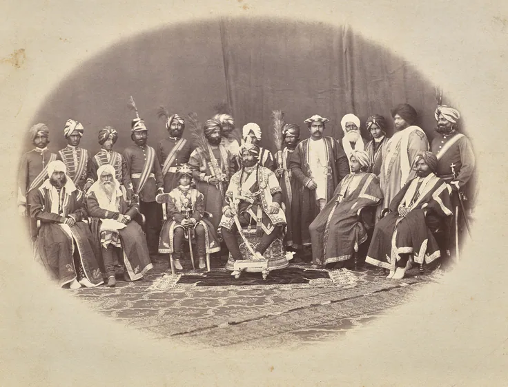 Maharaja Ranbir Singh of Jammu and Kashmir with Sons and Courtiers: albumen print by Bourne & Shepherd, 1870s.