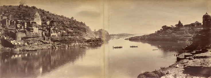 Two-Part Panorama with View of the Narmada River at Omkareshwar: albumen print by Raja Deen Dayal, 1882.
